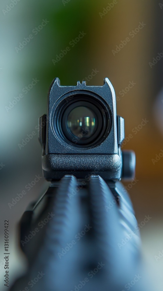 Aufkleber close up view of a firearm's rear sight, focusing on the red dot sight. the image is sharp and in fo