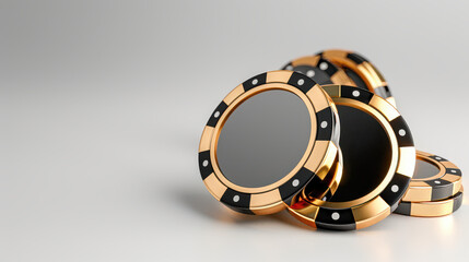 Naklejka premium stack of luxurious casino tokens with gold and black theme, reflecting elegance and high stakes. tokens are arranged on smooth surface, highlighting their glossy finish and intricate design
