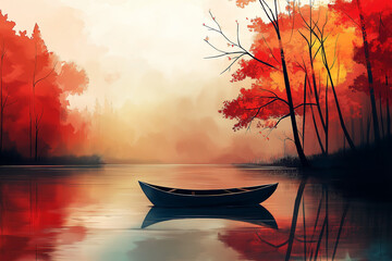 Tranquil Autumn Lake with a wooden boat under vibrant red maple trees.  