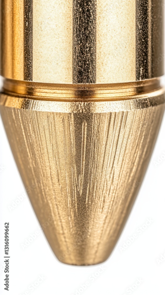 Poster close up of a gold colored bullet casing, showing intricate textures and details. the bullet is shar