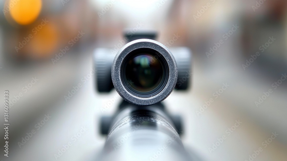Poster close up view of a rifle scope lens, showcasing its circular shape and reflective surface. the backg