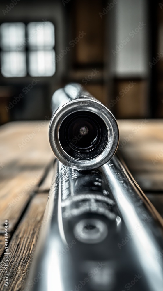 Poster close up view of a metallic cylindrical object with a circular end, showing reflective surfaces and 