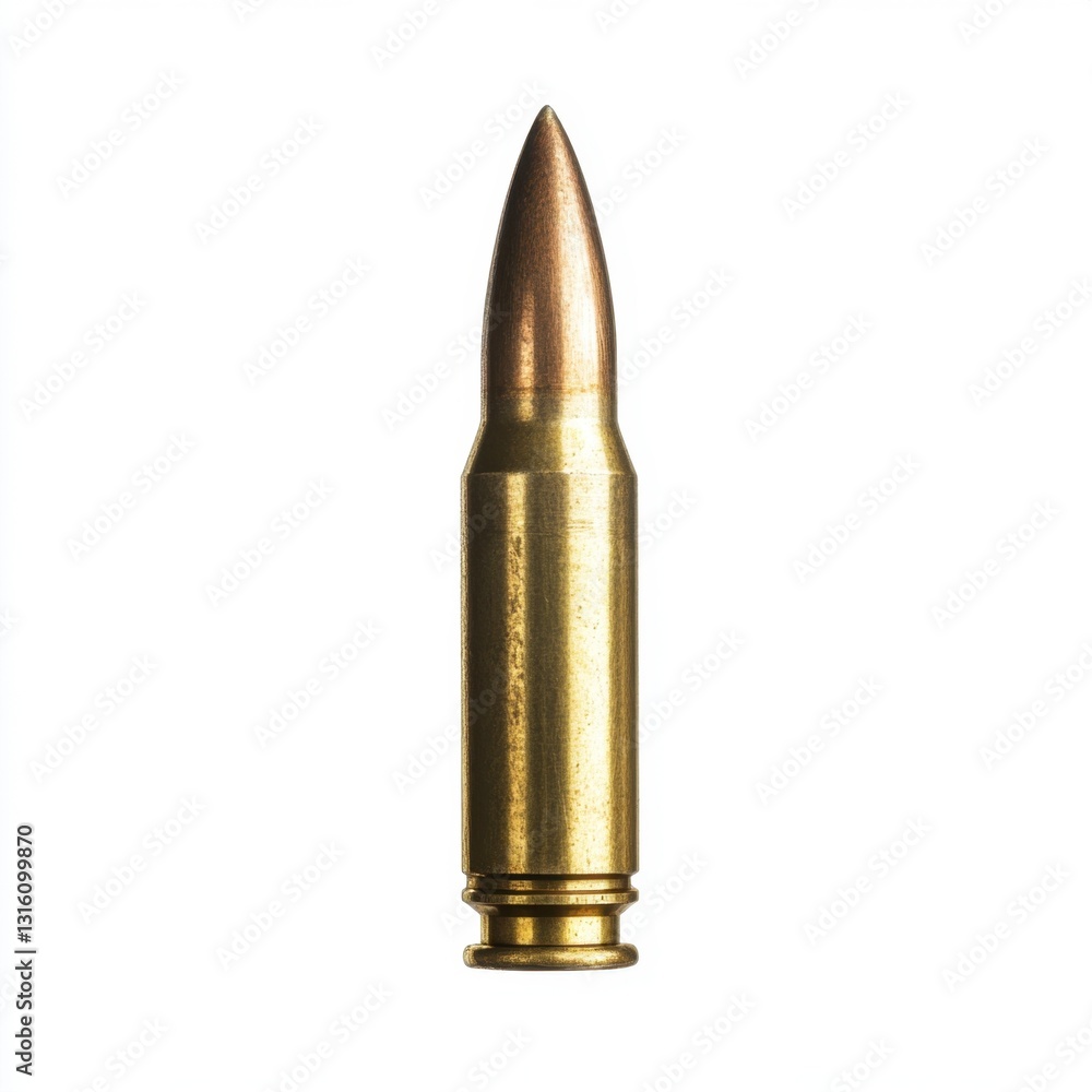 Poster close up view of a single bullet cartridge against a stark white background. the bullet is brass col