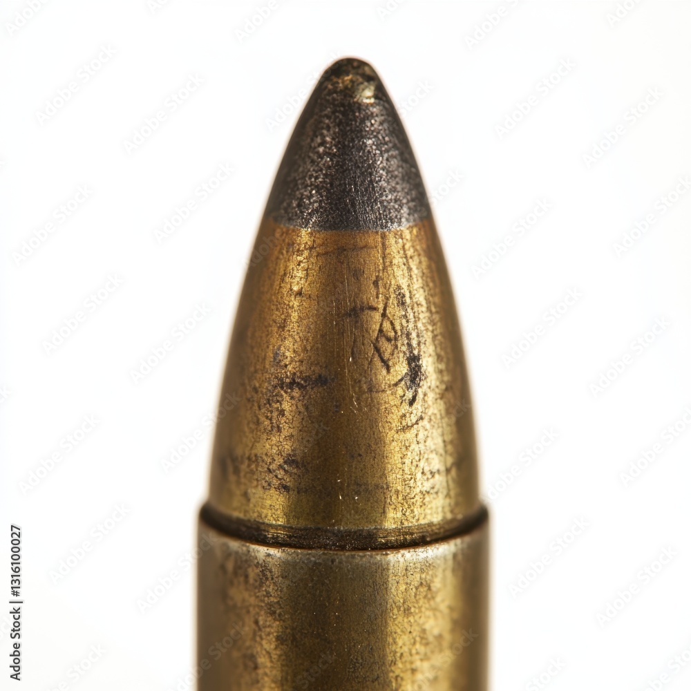 Poster close up of a single bullet casing, showing details of the brass and the bullet tip. the background 