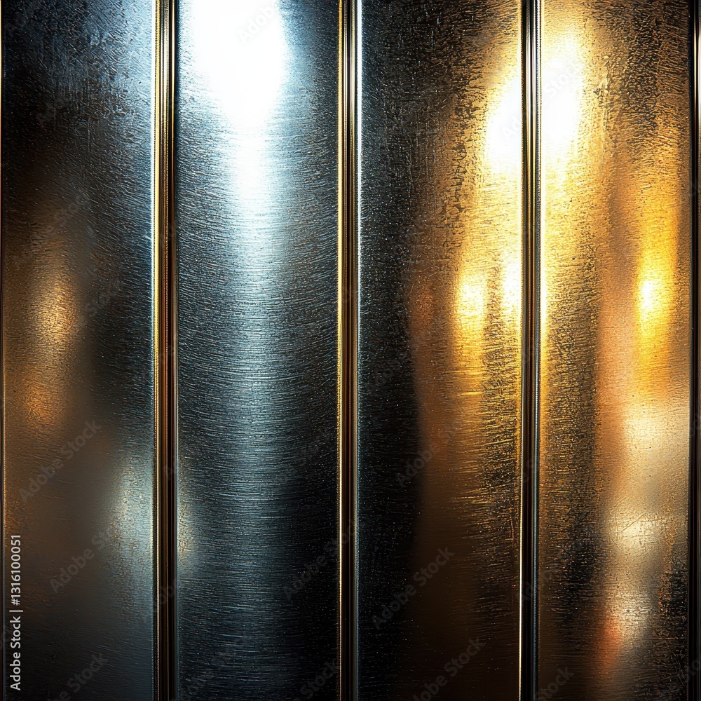 Poster a series of weathered metal panels, featuring intricate textures and rust patterns, with soft, warm 