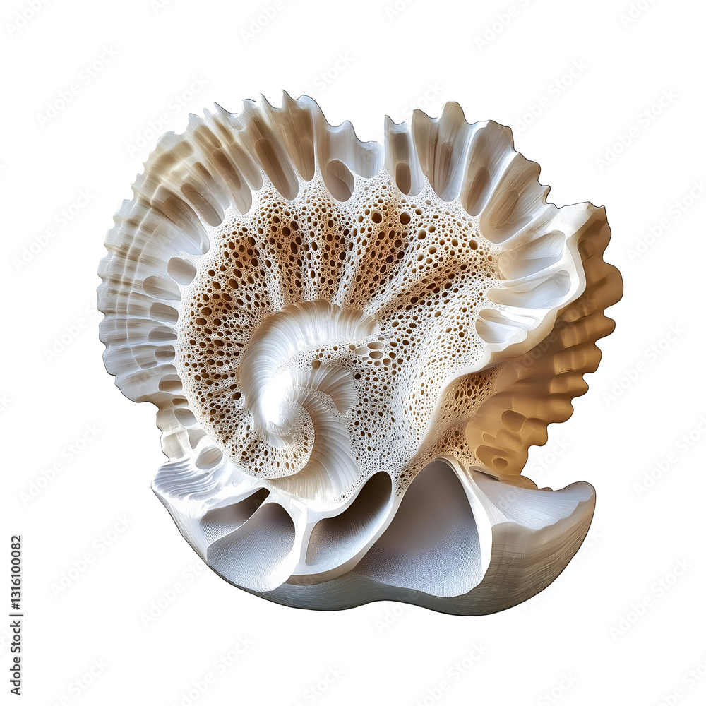 Poster sculpted abstract seashell with intricate spiral design on white or transparent background