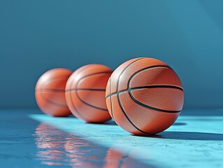 Three basketball balls arranged neatly on a vibrant blue surface for sports training and practice sessions