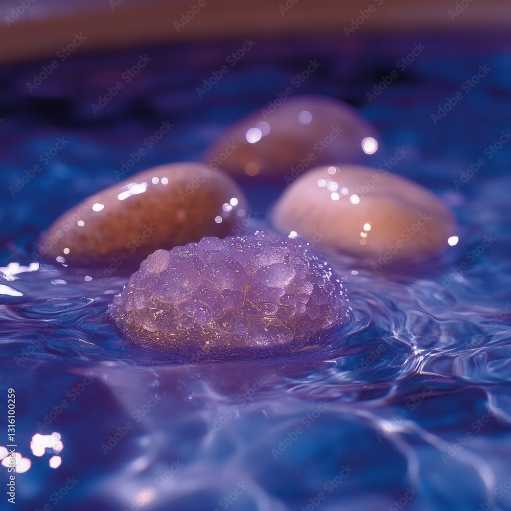 Poster captivating close up of pebble like objects in water with rippling surface and purple lighting creat