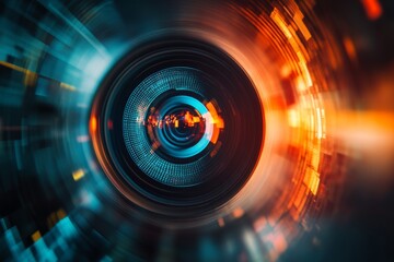 Fototapeta premium This abstract image features a dynamic circular pattern with bright colors that create a sense of motion and technology, perfect for creative projects.