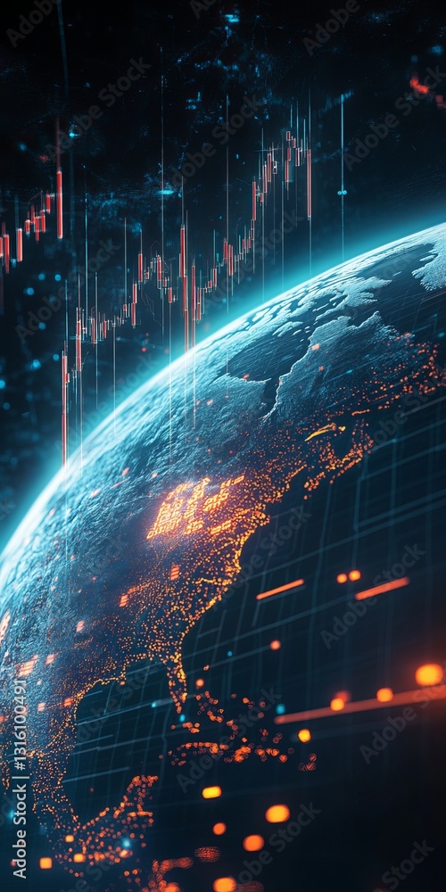 Poster this dynamic image showcases a digital globe illuminated by data visualizations and financial graphs