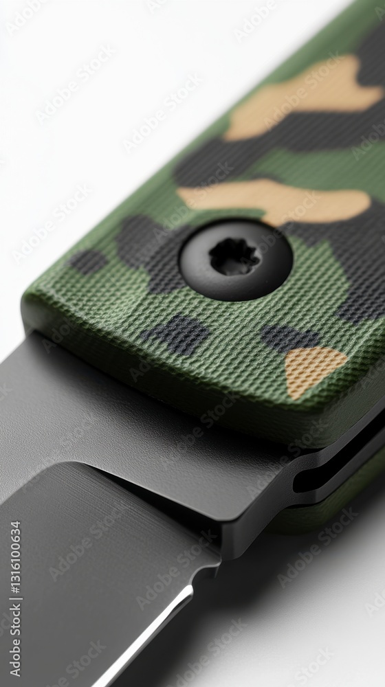 Aufkleber close up view of a folding knife with a camouflage patterned handle and a dark gray blade. the handl
