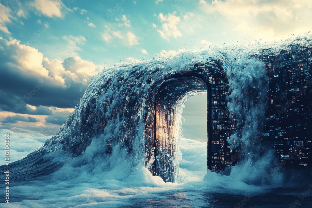 Poster an enchanting scene featuring waves crashing around a mysterious portal, evoking intrigue and wonder