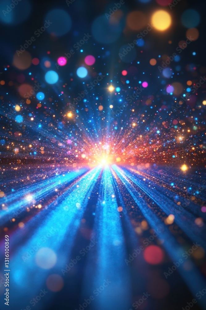 Poster ethereal light explosion on dark blue background with bokeh effect and vibrant colors creating a mag