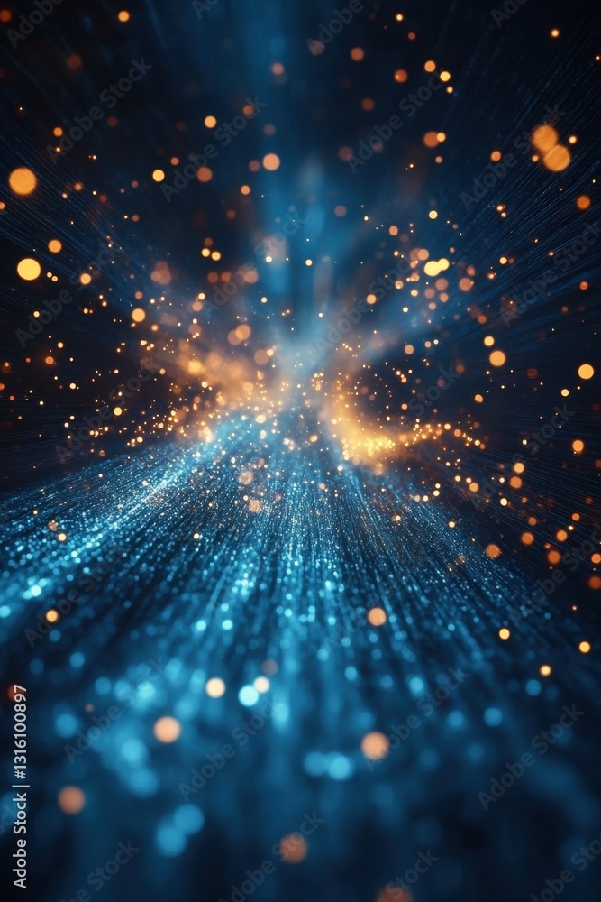 Poster captivating abstract display of radiant light particles in a dynamic composition with a deep blue ba