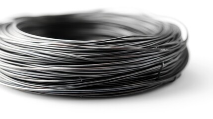 Close up view of a tightly wound coil of dark gray metallic wire against a bright white background. The wire shows a slightly textured surface.