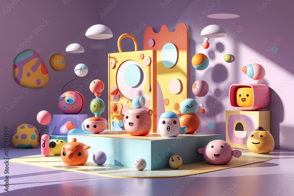 Poster Fun 3D Toy Display with Playful Background and Animated Shadows in a Whimsical Environment