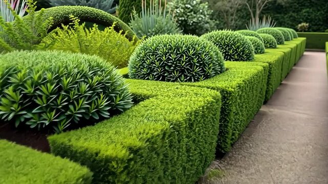 Symmetrical Green Hedges in a Formal Garden with Geometric Design and Well Kept Bushes in an Outdoor Setting