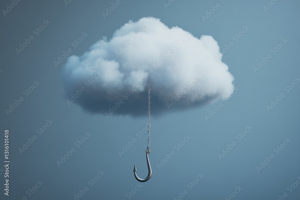 Poster a whimsical image depicting a fluffy cloud with a fishing hook hanging from it, creating a surreal a