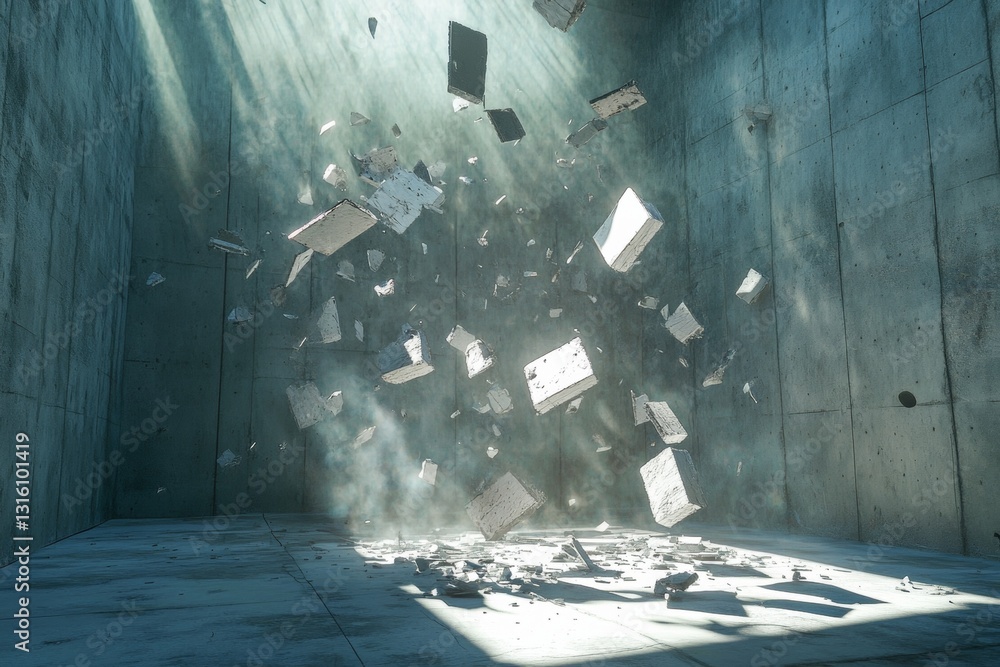Poster a captivating scene of abstract floating fragments in a concrete room. the dynamic explosion of debr