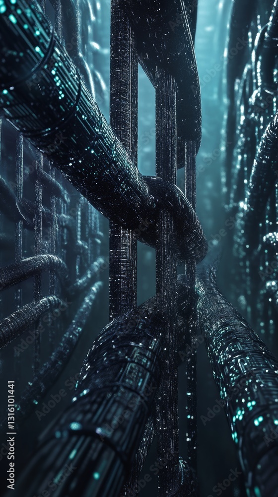 Poster a futuristic cityscape with a chain of pipes running through it. the image has a futuristic and indu