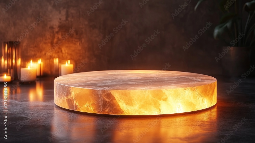 Poster A mesmerizing crystal disc glows with a warm, fiery hue, casting gentle light in a softly lit room filled with flickering candles, creating an inviting and tranquil atmosphere for relaxation