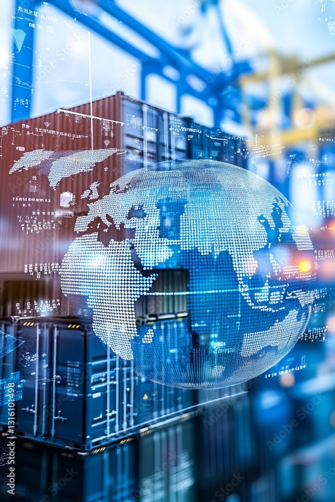 Poster conceptual image of a global supply chain featuring shipping containers and data graphics. it highli