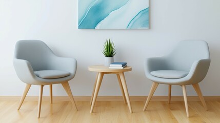 Serene Living Room: A minimalist living space features two stylish gray chairs facing each other with a small wooden side table placed in between, decorated with a plant and a book.