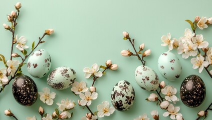 Fototapeta premium Fresh spring composition of elegant Easter eggs and delicate blossoms on mint green, with text space.