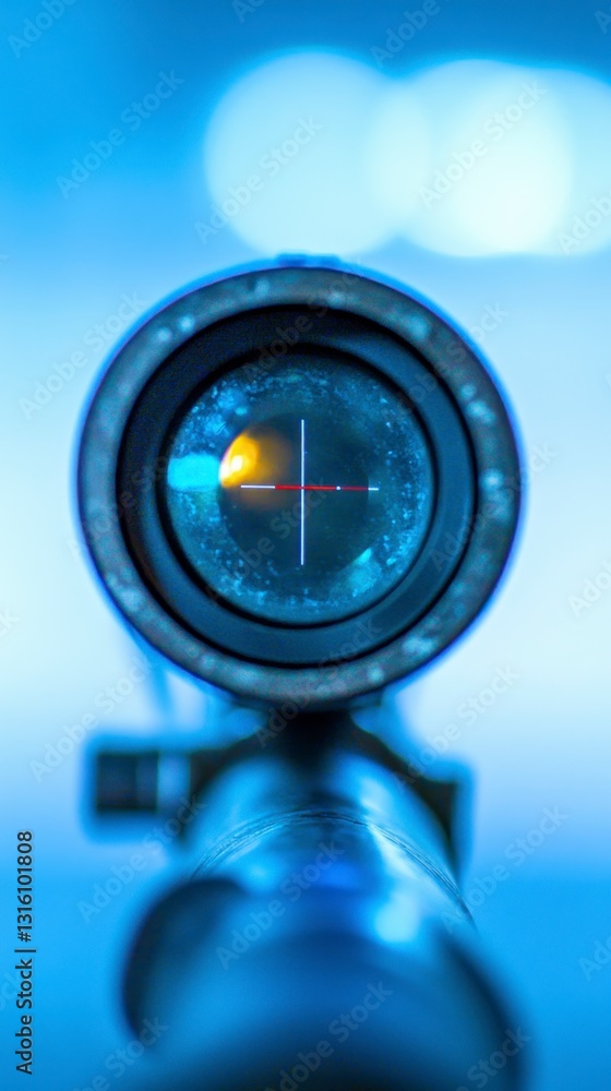 Poster close up view through a rifle scope, focusing on the crosshairs and a blurred background. the scope 