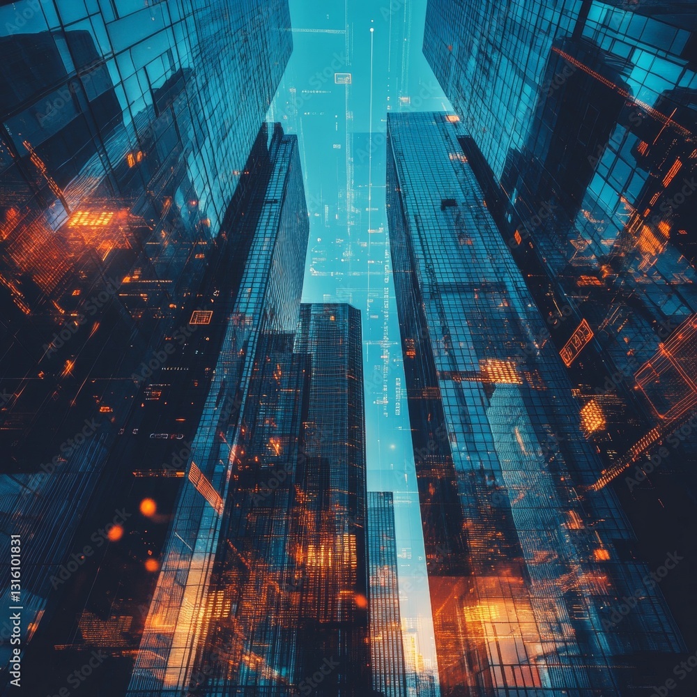 Poster a captivating abstract view of towering skyscrapers illuminated by warm hues at dusk, showcasing mod