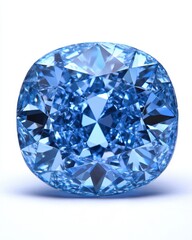 Fototapeta premium Exquisite cushion cut blue diamond sparkling with brilliance on a clean white background in a studio shot showcasing its intricate facets and captivating allure