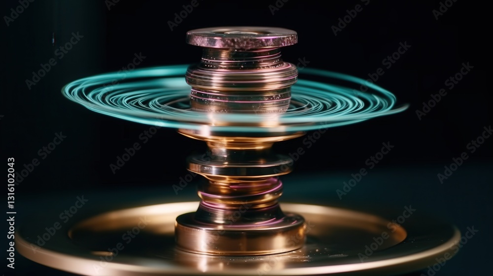 Poster abstract image of a spinning metallic object creating swirling teal light trails against a black bac