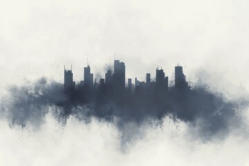 Obraz premium Intriguing artwork showcasing a dark city skyline emerging from fog, blending atmosphere and modern architecture. Ideal for themes of urban solitude and mystery.