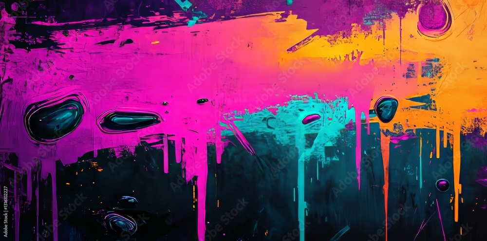 Poster Vibrant diagonal brush strokes layered over a dark background create a grungy textured visual with dynamic energy