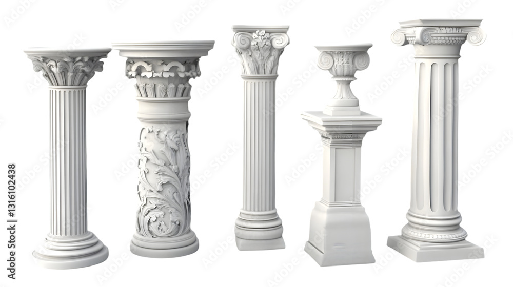 Poster Five distinct classical columns showcasing various architectural styles and intricate designs