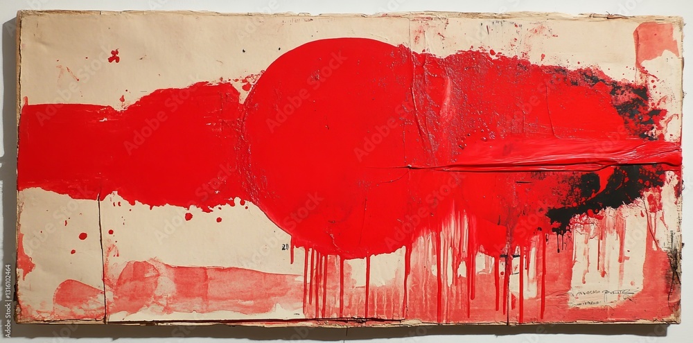 Poster grunge cardboard texture background featuring red and black paint drips that create an abstract visu