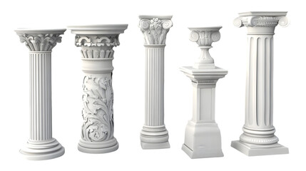 Obraz premium Five distinct classical columns showcasing various architectural styles and intricate designs