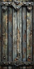Rustic Wooden Door with Metal Frame, Hinges, and Peeling Paint