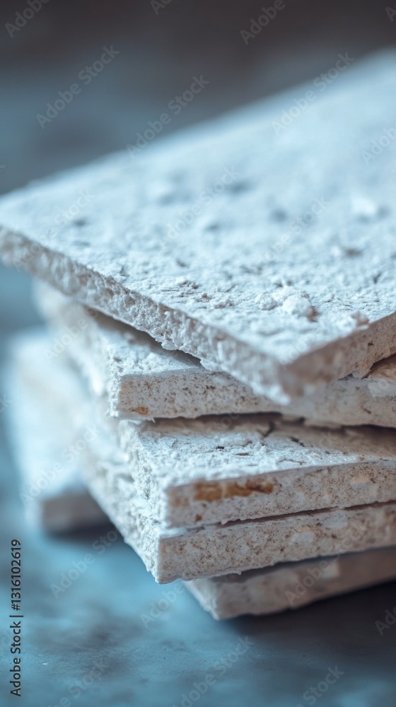 Poster close up of a stack of off white, textured rectangular objects with rough edges, possibly made of a 
