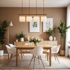 Fototapeta premium Modern Dining Room Interior with Wooden Table and White Chairs