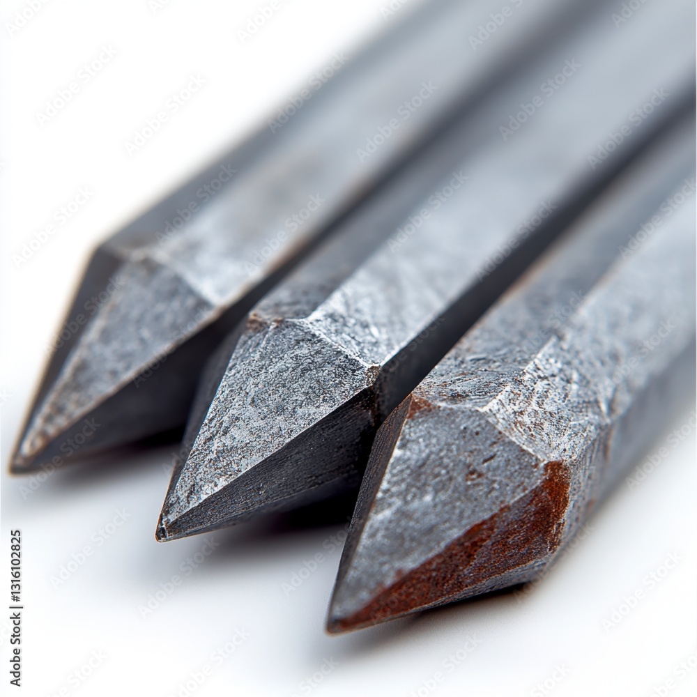 Poster close up of three metallic gray, slightly rusty, pointed objects on a white background. the texture 
