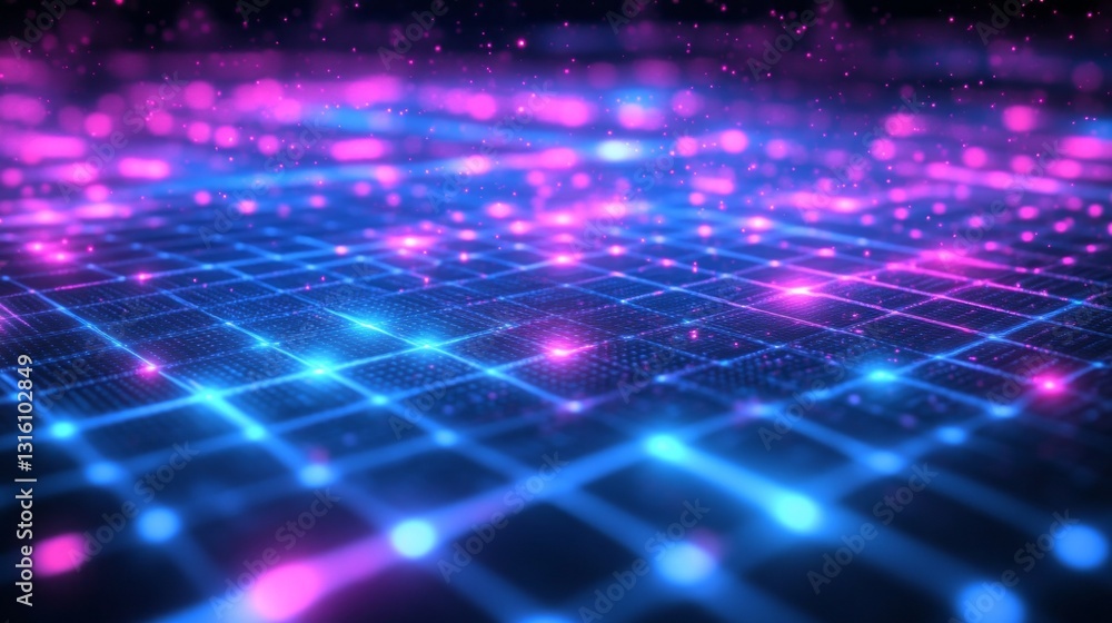 Poster electric hues of pink and blue intertwine to form a captivating digital grid, evoking a sense of won