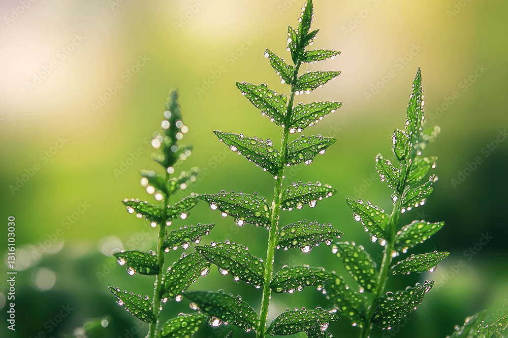 Poster Dewdrops on green leaves create refreshing and vibrant scene. delicate details of foliage are highlighted by soft background