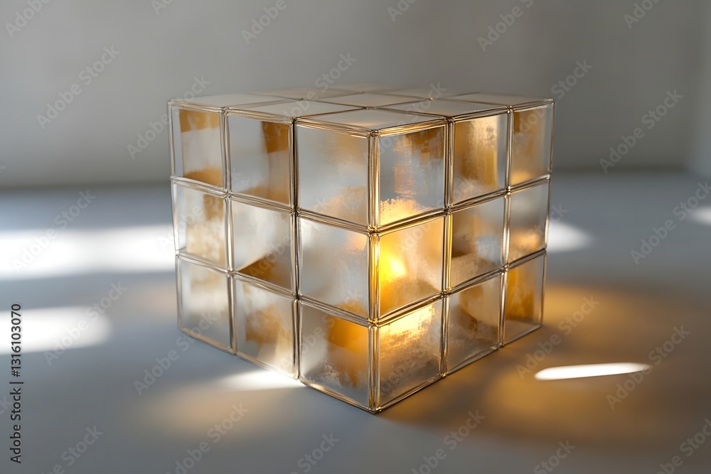Poster illuminated geometric glass cube showcasing intricate reflections and soft lighting in a minimalist 
