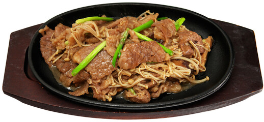 Korean Bulgogi Beef with Enoki Mushrooms on a Sizzling Plate