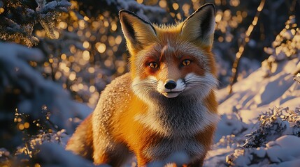 Obraz premium Red fox in snowy winter forest at sunset.