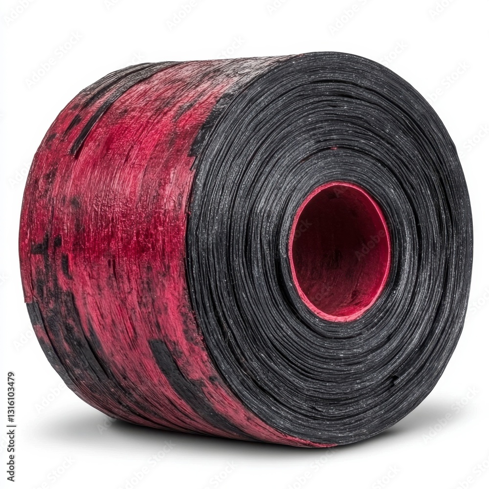 Poster close up view of a roll of dark gray and burgundy fabric tape, showing texture and color gradient. t