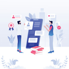 Online profile review Two colleagues assess a candidate's qualifications on a large phone screen, with books and city background