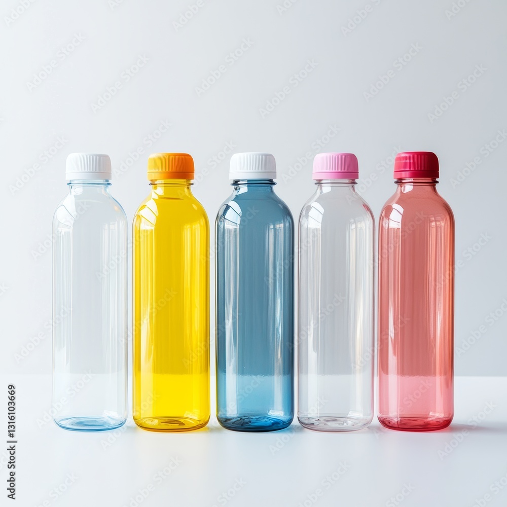 Poster a row of clear plastic bottles with different colored lids. the bottles are lined up next to each ot