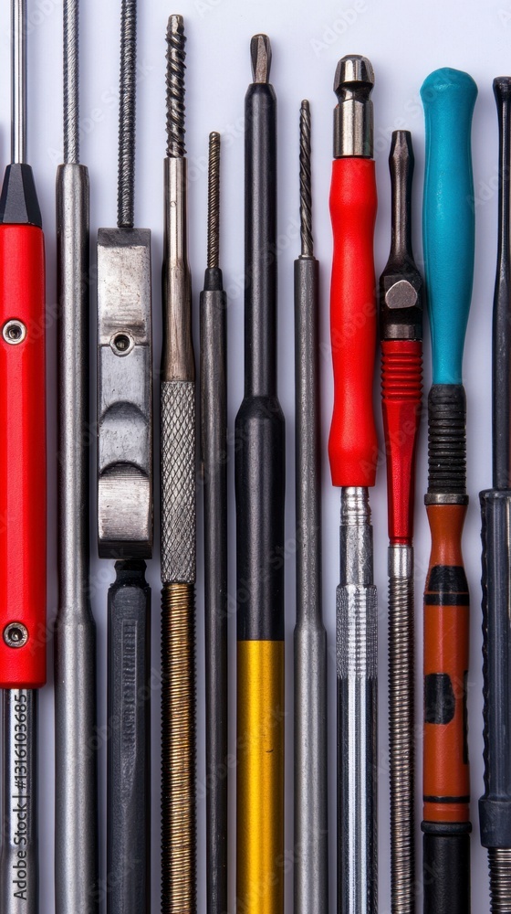 Poster collection of various precision tools arranged vertically against a white background. the tools are 
